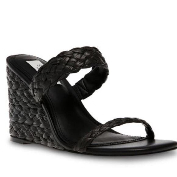 Steven New York NEW Steve Madden Ardy Raffia Wedge Heel Sandals Black Size 9 - Picture 1 of 7